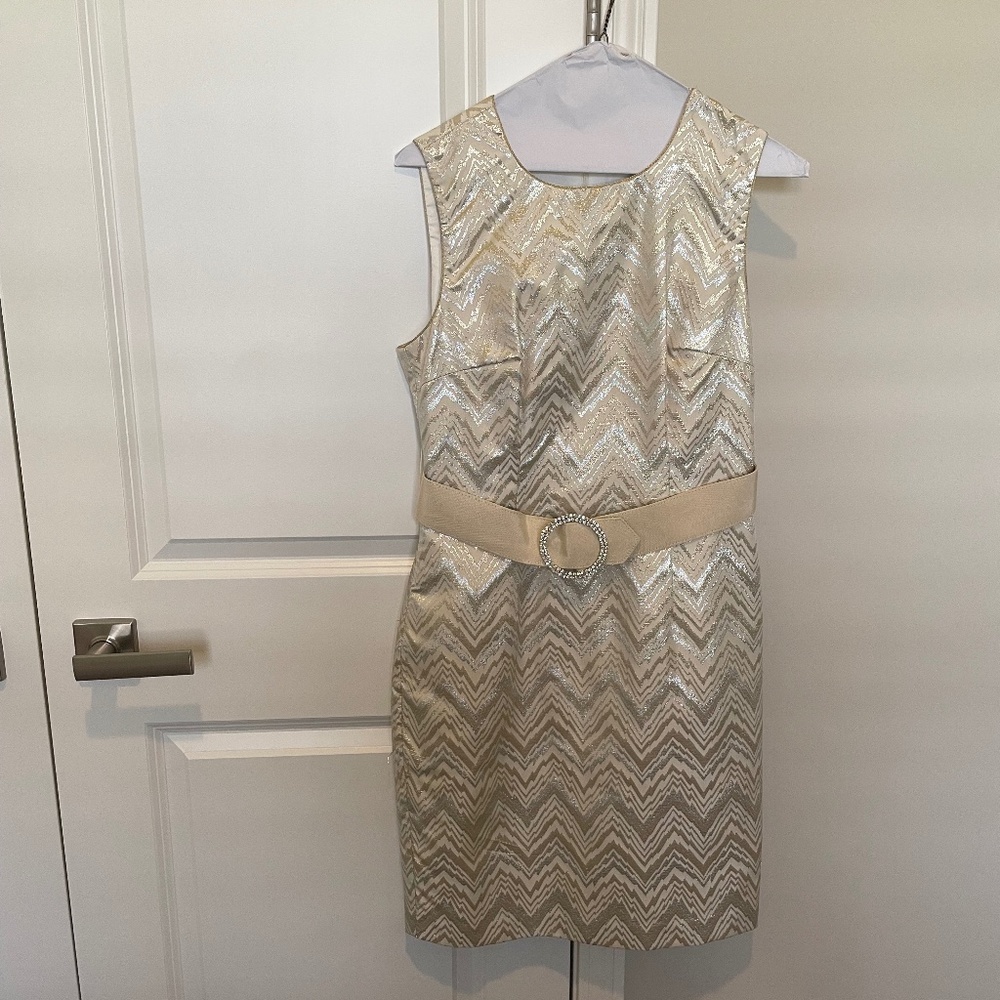 Trina Turk; Silver/Gold Metallic dress; detachable rhinestone belt